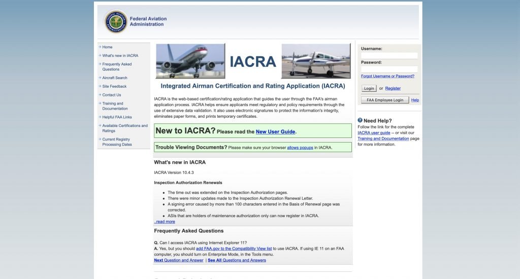 Screen shot of the IACRA website where you get your FTN number to schedule your Part 107 exam.