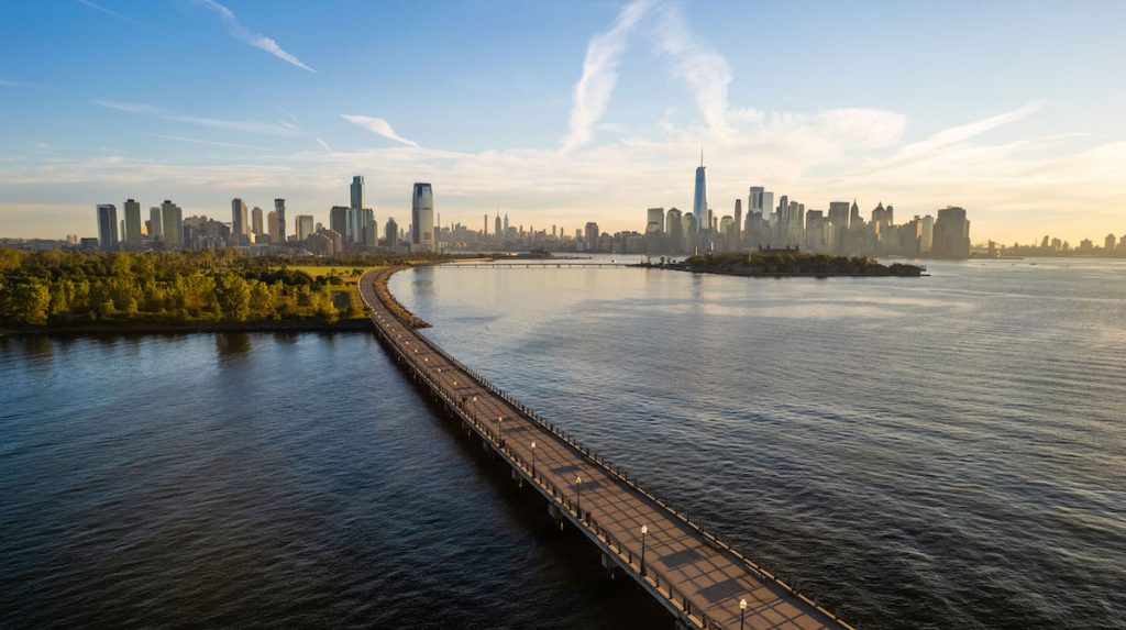 The Liberty State Park view of Jersey City and Manahattan from the perspective of a drone.