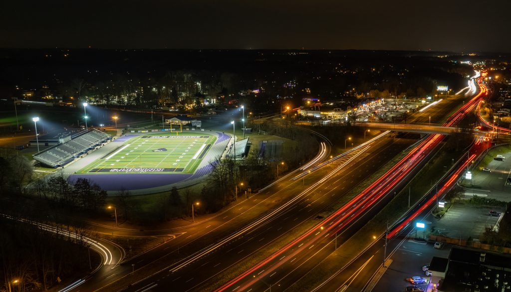 Picture at night of Lombardi field and Rt 9 with a 5-second long exposure withe the DJI Air 2s.